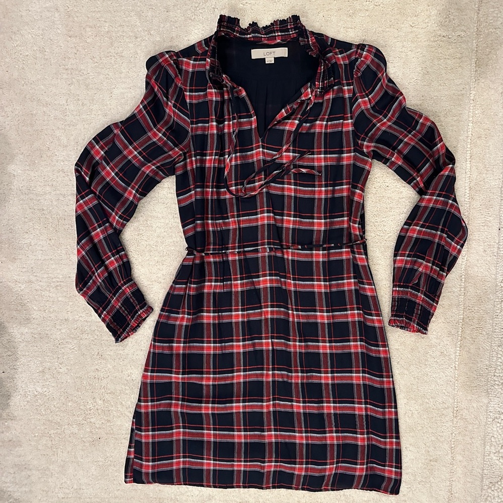 Red and navy plaid long sleeve dress